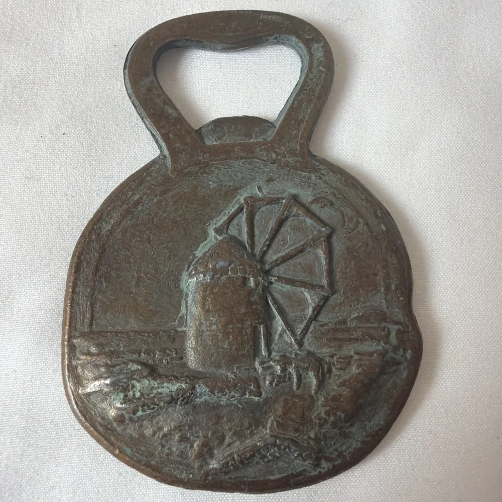 VTG Brass Greek Bottle Opener Double Sided Petros the Pelican & Windmill‎